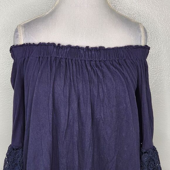 LOFT Navy Blue Lace Trimmed Bell Sleeve Off The Shoulder Blouse Size Medium - Picture 5 of 12